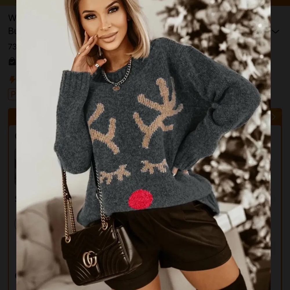 Red nosed Reindeer Christmas Sweater Glistening Antlers - Picture 6 of 15